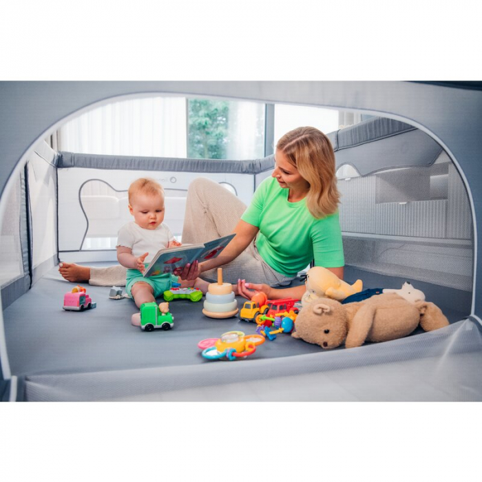 Tarc de joaca copii, Lionelo, Willow, 127 x 187 cm, Pliere compacta, Include geanta de transport, Din plasa, Cu doua intrari laterale si fermoar, Cu ventuze pentru stabilitate, Conform cu EN 12227:201 [28]