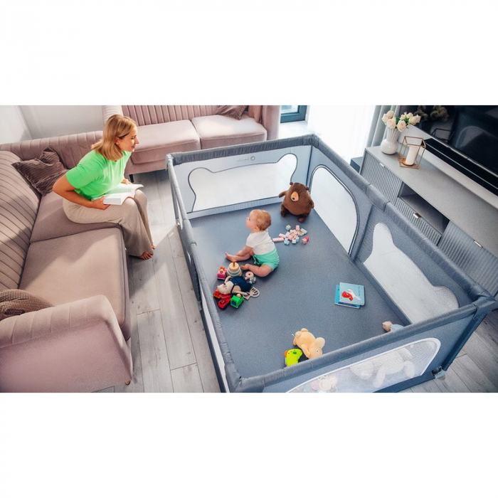 Tarc de joaca copii, Lionelo, Willow, 127 x 187 cm, Pliere compacta, Include geanta de transport, Din plasa, Cu doua intrari laterale si fermoar, Cu ventuze pentru stabilitate, Conform cu EN 12227:201 [24]