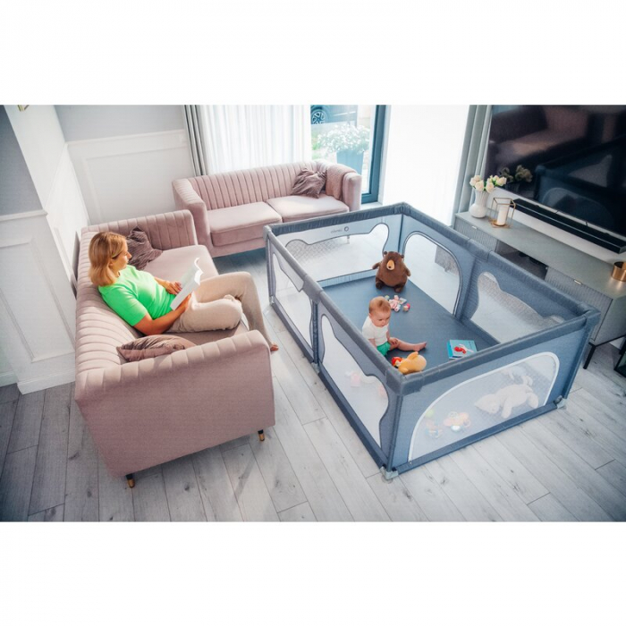 Tarc de joaca copii, Lionelo, Willow, 127 x 187 cm, Pliere compacta, Include geanta de transport, Din plasa, Cu doua intrari laterale si fermoar, Cu ventuze pentru stabilitate, Conform cu EN 12227:201 [26]