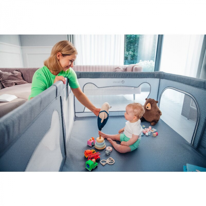 Tarc de joaca copii, Lionelo, Willow, 127 x 187 cm, Pliere compacta, Include geanta de transport, Din plasa, Cu doua intrari laterale si fermoar, Cu ventuze pentru stabilitate, Conform cu EN 12227:201 [23]