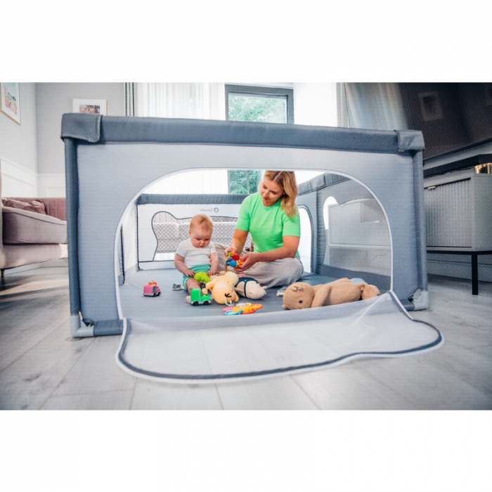 Tarc de joaca copii, Lionelo, Willow, 127 x 187 cm, Pliere compacta, Include geanta de transport, Din plasa, Cu doua intrari laterale si fermoar, Cu ventuze pentru stabilitate, Conform cu EN 12227:201 [27]