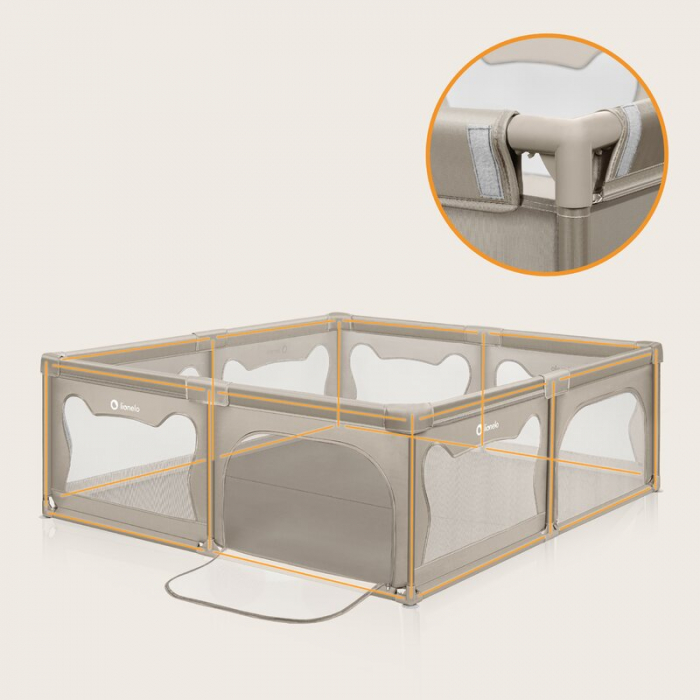 Tarc de joaca copii, Lionelo, Willow XL,180 x 200 cm, Pliere compacta, Include geanta de transport, Din plasa, Cu doua intrari laterale si fermoar, Cu ventuze pentru stabilitate, Conform cu EN 12227:2 [18]