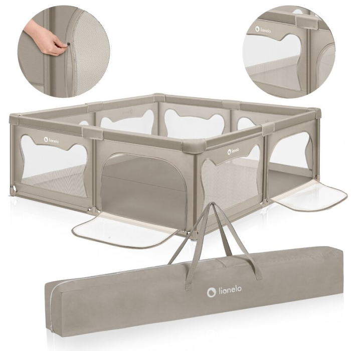 Tarc de joaca copii, Lionelo, Willow XL,180 x 200 cm, Pliere compacta, Include geanta de transport, Din plasa, Cu doua intrari laterale si fermoar, Cu ventuze pentru stabilitate, Conform cu EN 12227:2 [12]
