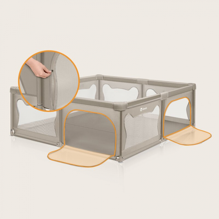 Tarc de joaca copii, Lionelo, Willow XL,180 x 200 cm, Pliere compacta, Include geanta de transport, Din plasa, Cu doua intrari laterale si fermoar, Cu ventuze pentru stabilitate, Conform cu EN 12227:2 [14]
