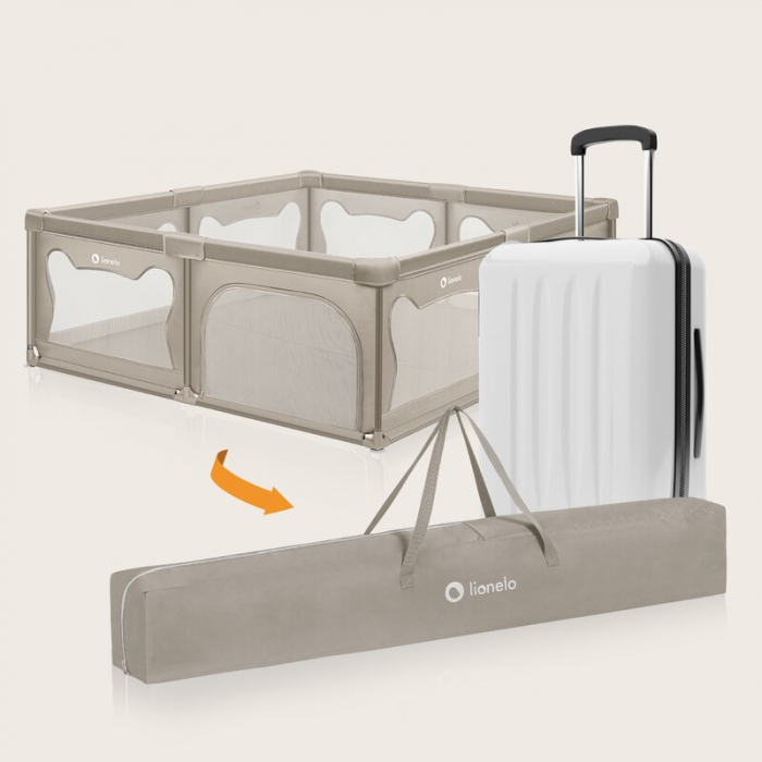 Tarc de joaca copii, Lionelo, Willow XL,180 x 200 cm, Pliere compacta, Include geanta de transport, Din plasa, Cu doua intrari laterale si fermoar, Cu ventuze pentru stabilitate, Conform cu EN 12227:2 [16]