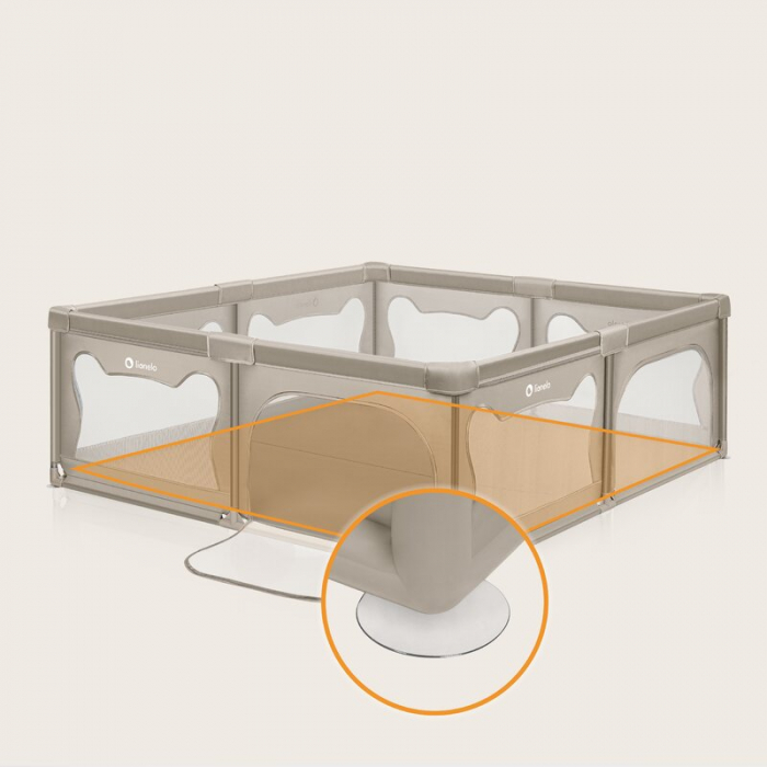 Tarc de joaca copii, Lionelo, Willow XL,180 x 200 cm, Pliere compacta, Include geanta de transport, Din plasa, Cu doua intrari laterale si fermoar, Cu ventuze pentru stabilitate, Conform cu EN 12227:2 [15]