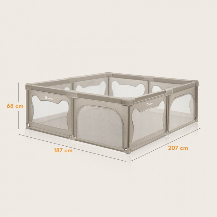 Tarc de joaca copii, Lionelo, Willow XL,180 x 200 cm, Pliere compacta, Include geanta de transport, Din plasa, Cu doua intrari laterale si fermoar, Cu ventuze pentru stabilitate, Conform cu EN 12227:2 [19]
