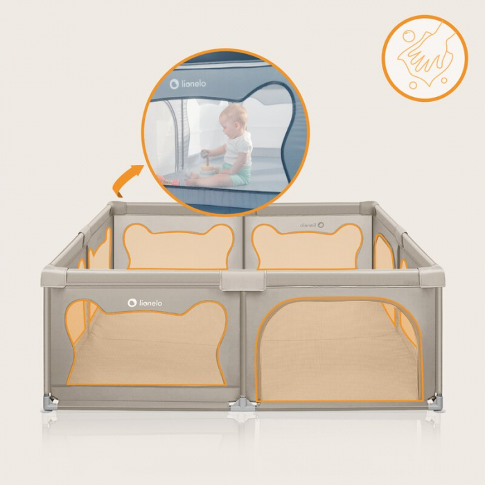 Tarc de joaca copii, Lionelo, Willow XL,180 x 200 cm, Pliere compacta, Include geanta de transport, Din plasa, Cu doua intrari laterale si fermoar, Cu ventuze pentru stabilitate, Conform cu EN 12227:2 [13]