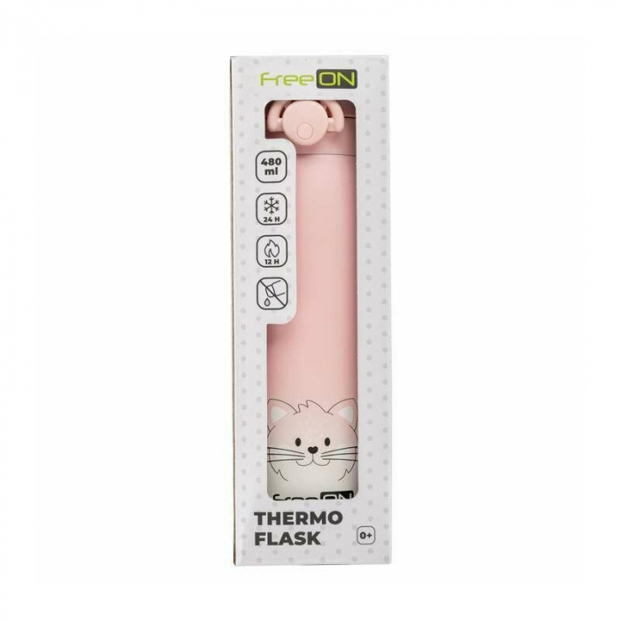 Termos lichide, FreeON, Din otel inoxidabil, Cu mentinere de temperatura de pana la 12 ore, 480 ml, Pink [4]