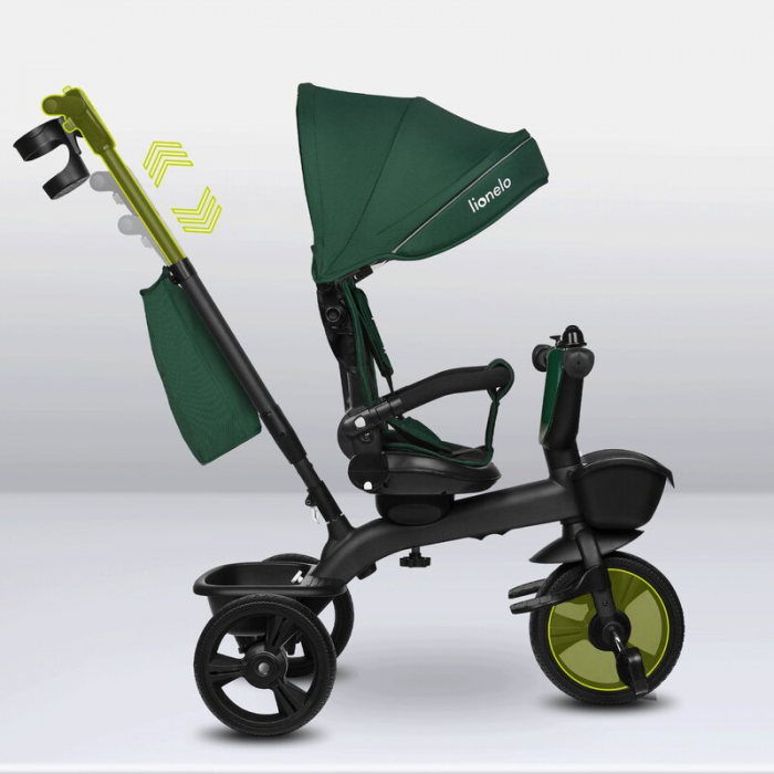 Tricicleta copii, Lionelo, Kori, Cu suport de picioare, Control al directiei, Scaun reversibil, Rotire 360 grade, Pliabila, Conform cu standardul european de securitate EN71, Verde [21]