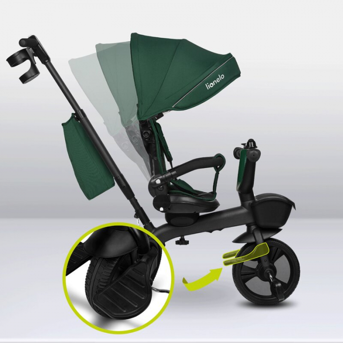 Tricicleta copii, Lionelo, Kori, Cu suport de picioare, Control al directiei, Scaun reversibil, Rotire 360 grade, Pliabila, Conform cu standardul european de securitate EN71, Verde [28]