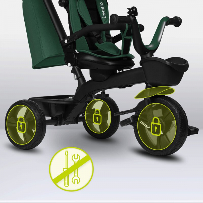 Tricicleta copii, Lionelo, Kori, Cu suport de picioare, Control al directiei, Scaun reversibil, Rotire 360 grade, Pliabila, Conform cu standardul european de securitate EN71, Verde [24]