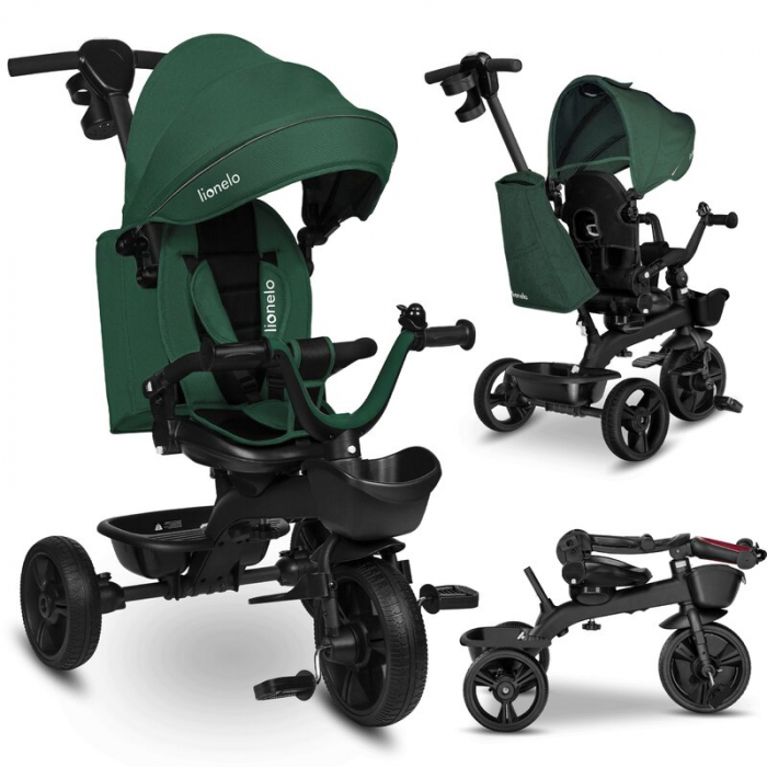 Tricicleta copii, Lionelo, Kori, Cu suport de picioare, Control al directiei, Scaun reversibil, Rotire 360 grade, Pliabila, Conform cu standardul european de securitate EN71, Verde [36]