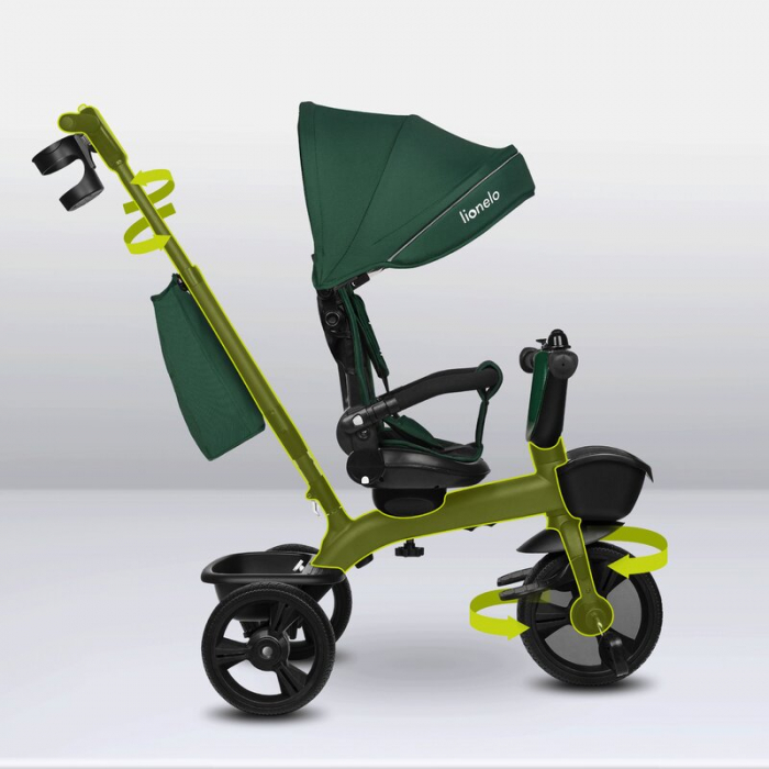 Tricicleta copii, Lionelo, Kori, Cu suport de picioare, Control al directiei, Scaun reversibil, Rotire 360 grade, Pliabila, Conform cu standardul european de securitate EN71, Verde [25]