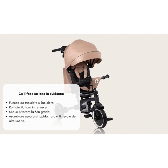 Tricicleta copii, Lionelo, Tris Plus, Ultrapliabila, Multifunctionala, Pana la 25 kg, Inclinare spatar in fata si in spate, Suport picioare, Control al directiei, Scaun reversibil, Rotire 360 grade, C [26]