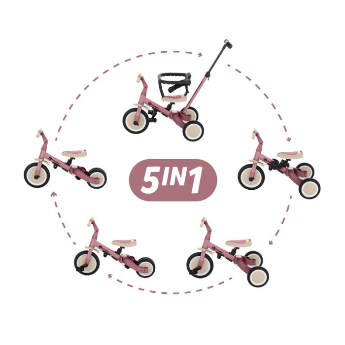 Tricicleta, Petite&Mars, Turbo, 5 in 1, Multifunctionala, Vehicul de impins, Bicicleta cu/fara pedale, Cu maner de ghidaj, Detasabil, Roti din cauciuc, Pana la 25 kg, 1.5-5 ani, Dusty Rose [4]