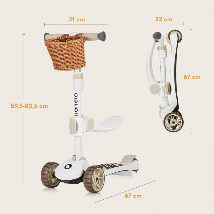 Trotineta, Lionelo, Franky, Multifunctionala, Pliabila, Pana la 50 kg, Bicicleta cu 3 roti si trotineta de echilibru, Ghidon reglabil, Sezut detasabil, Roti cu LED, Conform cu EN71, EN62115, 12 luni+, [26]