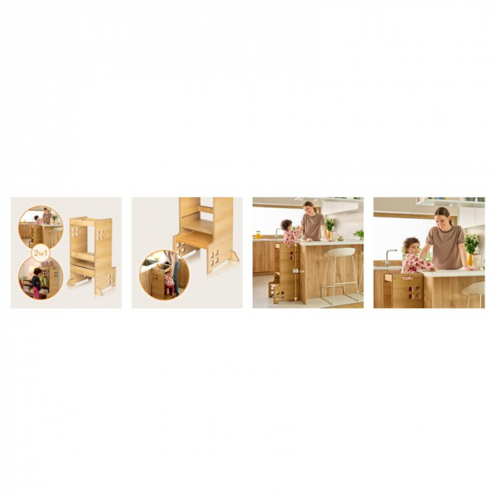 Turn de invatare Montessori, Lionelo, Cass, Functie de raft pentru carti, Pana la 30 kg, 12 luni - 6 ani, Din MDF si furnir, 3 trepte de inaltime, Natur [13]