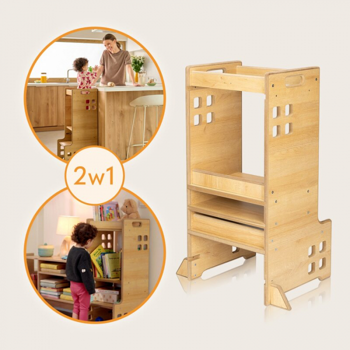 Turn de invatare Montessori, Lionelo, Cass, Functie de raft pentru carti, Pana la 30 kg, 12 luni - 6 ani, Din MDF si furnir, 3 trepte de inaltime, Natur [14]