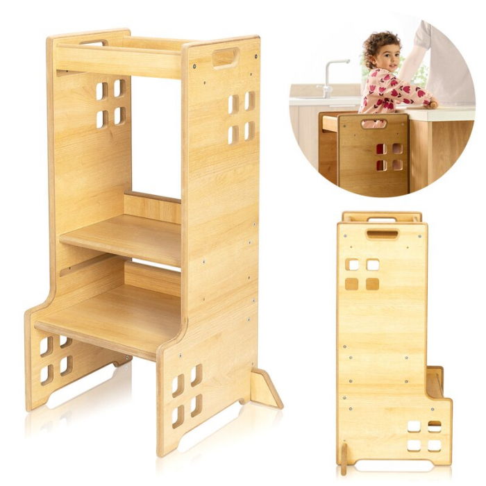 Turn de invatare Montessori, Lionelo, Cass, Functie de raft pentru carti, Pana la 30 kg, 12 luni - 6 ani, Din MDF si furnir, 3 trepte de inaltime, Natur [19]