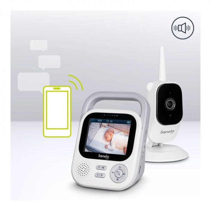 Video monitor, Lionelo, Babyline 3.2, Full HD, Comunicare bidirectionala, 2.8 inch, Cu sunete si mod de noapte, Cu 5 niveluri de detectare a sunetului, Alb [34]