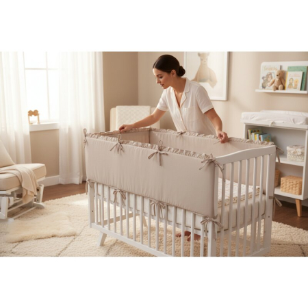 Aparatoare pentru patut, MimiNu, Cu volanase, Din bumbac certificat Oeko Tex Standard 100, 180x30 cm, Cu panglici, Colectia Royal, Mocha [2]