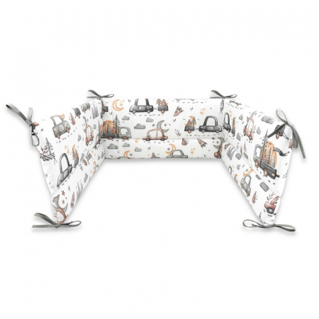 Patuturi din lemn - Aparatoare pentru patut, MimiNu, Din bumbac certificat Oeko Tex Standard 100, 180x30 cm, Cu panglici, Design, Cars Grey