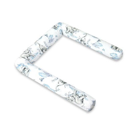 Patuturi din lemn - Aparatoare pentru patut, Qmini, Tip rulou, Cu husa detasabila, Lungime 180 cm, Din bumbac certificat Oeko Tex Standard 100, Elephants on Rainbow Blue