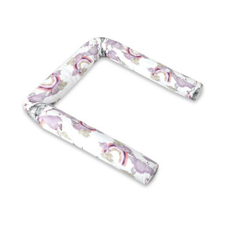 Patuturi din lemn - Aparatoare pentru patut, Qmini, Tip rulou, Cu husa detasabila, Lungime 180 cm, Din bumbac certificat Oeko Tex Standard 100, Elephants on Rainbow Pink