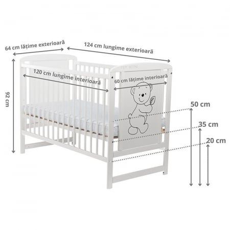 Patut din lemn pin+mdf alb, 120x60 cm cu saltea de 10 cm reglabila pe 3 nivele [2]