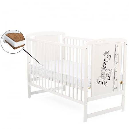 Patut din lemn de pin Timmi Girafa 120x60 cm, Laterala cu 3 bete detasabile, cu saltea de 12 cm , Alb