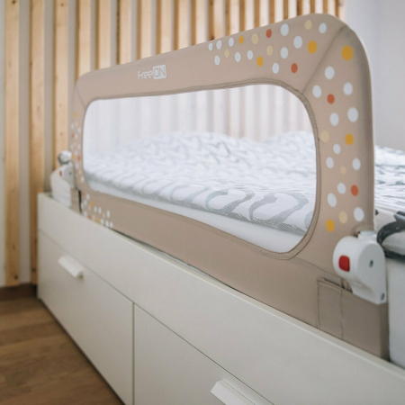 Bariera de protectie pentru pat bebe, Rabatabila, Instalare usoara, Dimensiune 135 x 57 cm, FreeON, Little Dots, Beige [3]