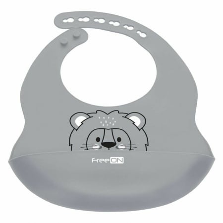Bavetici si accesorii - Baveta, FreeON, Moale, Din silicon, Fara BPA, Cu buzunar, 31 x 24 cm, Lion Grey