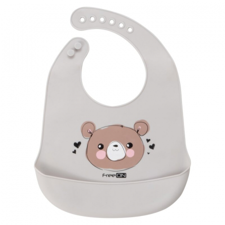 Bavetici si accesorii - Baveta moale, Din silicon, BPA Free, Cu buzunar, FreeON, 31 x 24 cm, Bear Grey