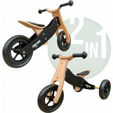Biciclete copii & Accesorii - Bicicleta/tricicleta fara pedale din lemn, 2 in 1, Functie de bicicleta echilibru, Sa reglabila, Manere antiderapante, Roti ajustabile, 18 luni – 3 ani, Free2Move, Brown Black