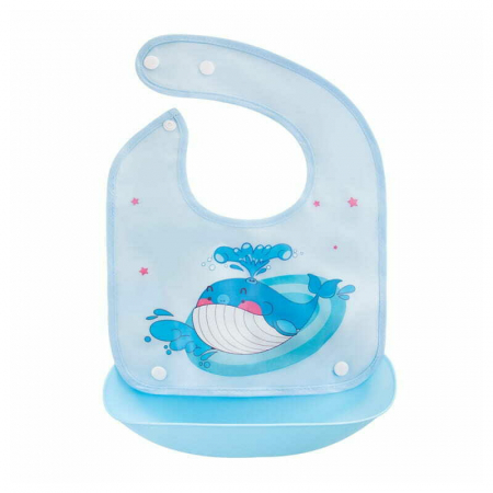 Bavetici si accesorii - Bocioland - Baveta impermeabila cu buzunar detasabil, Dimensiune 21x21 cm, Whale