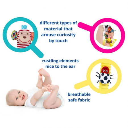 Botosei si bratari cu zornaitoare, Animalute dragute pentru bebelusi, Set 4 piese, 2 pentru maini si 2 pentru picioare, Jungle Wrist Rattle and Foot Finder, Playgro [1]