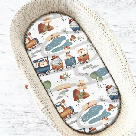 Lenjerii, baldachine, aparatoare - Cearceaf cu elastic, MimiNu, Pentru landou, carucior si cosulet, Dimensiune 80x35 cm, Din bumbac certificat Oeko Tex Standard 100, Design, Zoo in train
