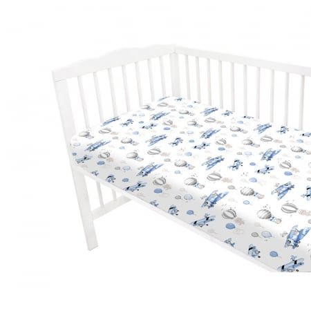 Cearceaf cu elastic, MimiNu, Pentru patut 120X60 cm, Din bumbac certificat Oeko Tex Standard 100, Blue Plane [2]