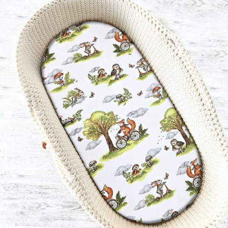 Lenjerii, baldachine, aparatoare - Cearceaf cu elastic, Qmini, Pentru landou, carucior si cosulet, Dimensiune 80x35 cm, Din bumbac certificat Oeko Tex Standard 100, Fox on bikes Natural