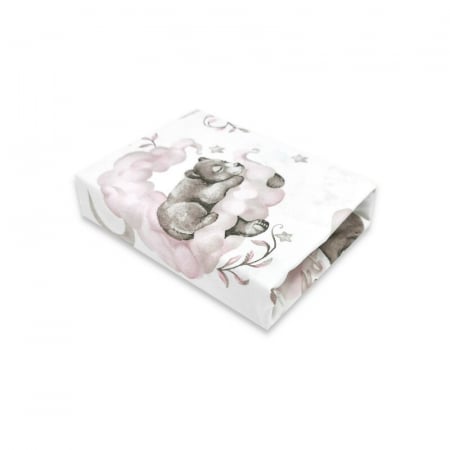 Lenjerii, baldachine, aparatoare - Cearceaf cu elastic, Qmini, Pentru patut co-sleeper, Aurora, Dimensiune 76 x 43 cm, Din bumbac certificat Oeko Tex Standard 100, Teddy Bear and Friends Pink