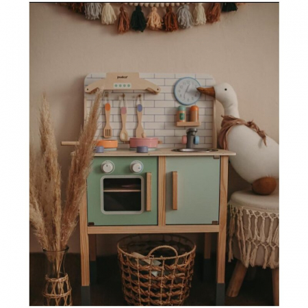 Jucarii copii - Joueco - Bucatarie din lemn certificat FSC, Cu accesorii, Reglabila pe inaltime, 86x56 cm, 3 ani+, Multicolor