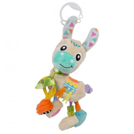 Carusele muzicale si lampi - Jucarie carucior sau scaun auto, Playgro, Cu inele pentru dentitie, Cu diverse forme si texturi, Cu sunete si zornaieli, Dezvolta abilitatile motorii si imaginatia, 0 luni+, Sensory Friend Lupe Llama