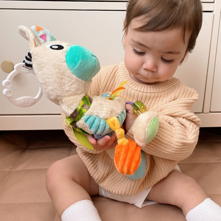 Jucarie carucior sau scaun auto, Playgro, Cu inele pentru dentitie, Cu diverse forme si texturi, Cu sunete si zornaieli, Dezvolta abilitatile motorii si imaginatia, 0 luni+, Sensory Friend Lupe Llama [5]