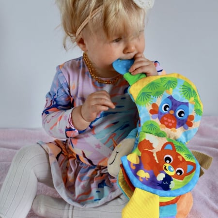 Jucarie din plus, Playgro, Clip Clop, Carticica tactila, Stimuleaza dezvoltarea senzoriala, Cu inele pentru dentitie, Cu diverse forme si texturi, 3 luni+, Musical Clip Clop Teether Book [13]