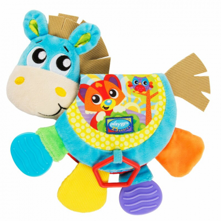 Jucarii dentitie - Jucarie din plus, Playgro, Clip Clop, Carticica tactila, Stimuleaza dezvoltarea senzoriala, Cu inele pentru dentitie, Cu diverse forme si texturi, 3 luni+, Musical Clip Clop Teether Book