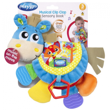 Jucarie din plus, Playgro, Clip Clop, Carticica tactila, Stimuleaza dezvoltarea senzoriala, Cu inele pentru dentitie, Cu diverse forme si texturi, 3 luni+, Musical Clip Clop Teether Book [17]