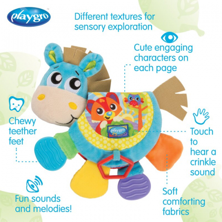 Jucarie din plus, Playgro, Clip Clop, Carticica tactila, Stimuleaza dezvoltarea senzoriala, Cu inele pentru dentitie, Cu diverse forme si texturi, 3 luni+, Musical Clip Clop Teether Book [12]