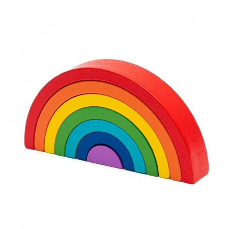 Jucarii Educative Copii - Jucarie pentru stivuire Montessori, Baby Mix, Curcubeu, Stimuleaza abilitatile motorii fine si coordonarea ochi-mana, Din lemn, 7 piese, 36 luni+
