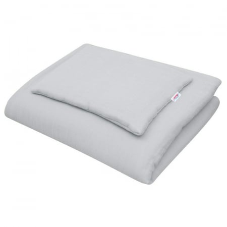 Lenjerii, baldachine, aparatoare - Lenjerie patut 2 piese, Din Muselina, Cu perna si pilota, 100x70 cm, Din materiale certificate Oeko Tex Standard 100, New Baby, Light Grey